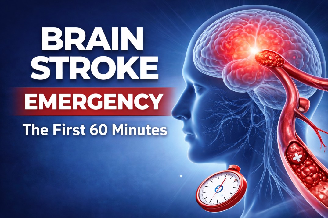 Brain stroke emergency illustration showing blocked brain artery and urgency of treatment in the first 60 minutes