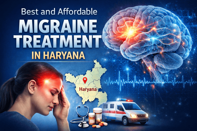 Best and affordable migraine treatment in Haryana by neurosurgeon in Narnaul showing brain pain illustration and patient suffering headache