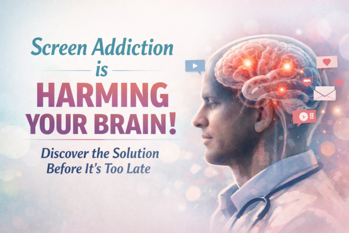 Screen addiction brain damage illustration highlighting symptoms like brain fog, poor focus and need for neurologist consultation Haryana brain specialist help