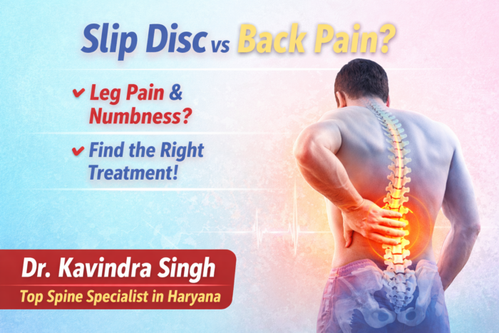 Lower back pain causes and slip disc symptoms explained with spine illustration and nerve pain indicators Haryana expert