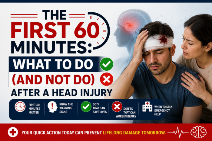 Emergency head injury awareness thumbnail showing an injured man holding his head while a worried woman supports him in a hospital setting, with bold text about the first 60 minutes after a head injury, warning signs, emergency care, and what to do or avoid after brain trauma.
