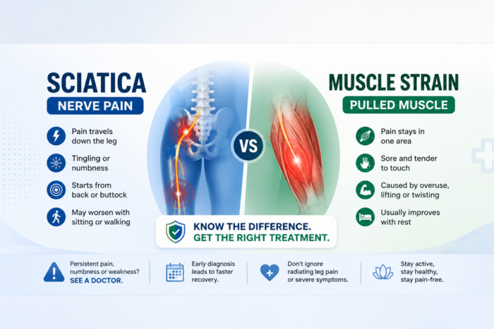 Sciatica vs muscle strain symptoms comparison infographic for leg nerve pain by Dr Kavindra Singh Haryana