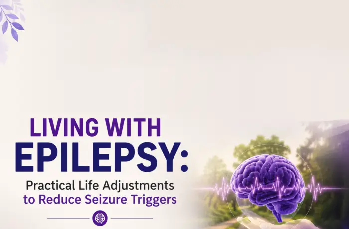 Illustration showing epilepsy awareness concept with glowing brain graphic, seizure management theme, lifestyle adjustments, and neurological health support for epilepsy patients.