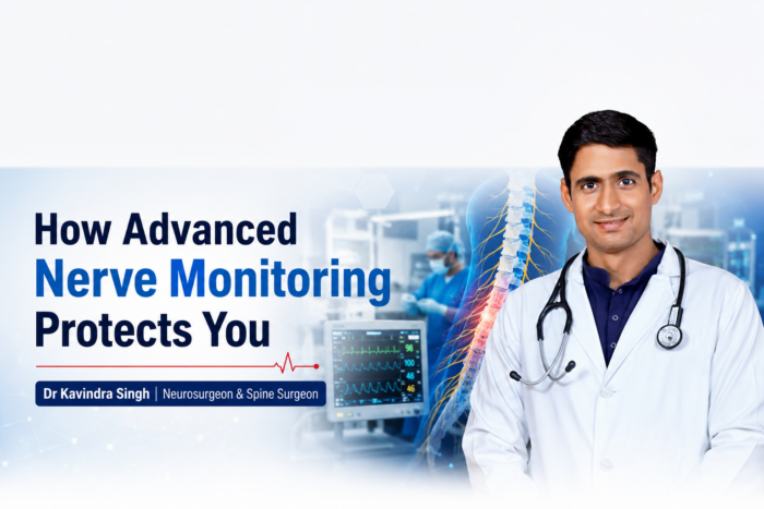 Dr Kavindra Singh explaining advanced neuro-monitoring for spine surgery safety in Haryana patients.